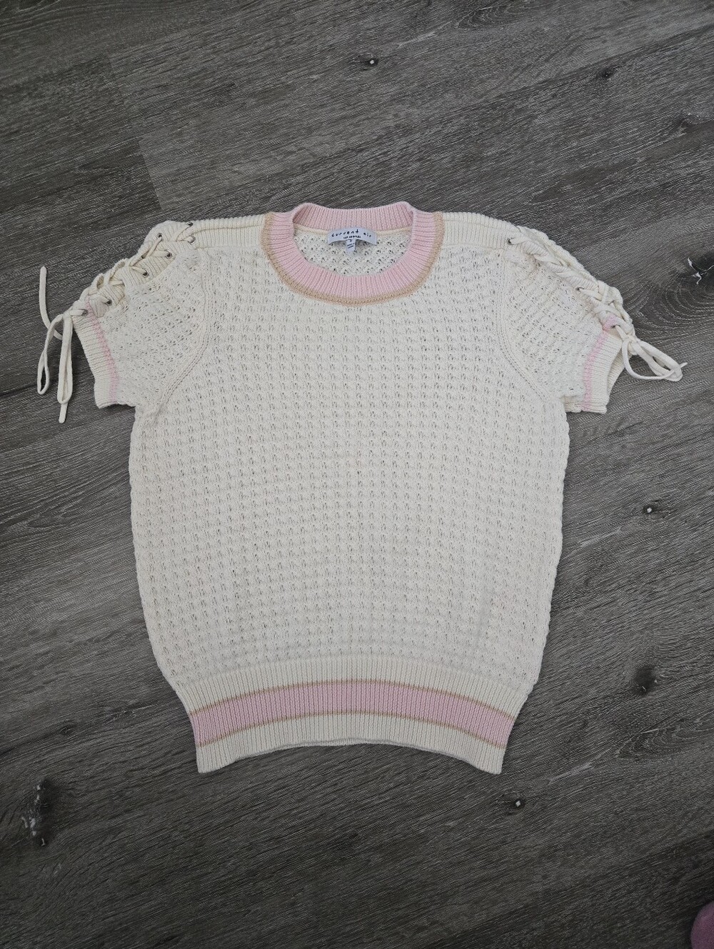 Cream Pink Knit Crewneck Short Sleeve Sweater Small Coquette Granola Granny